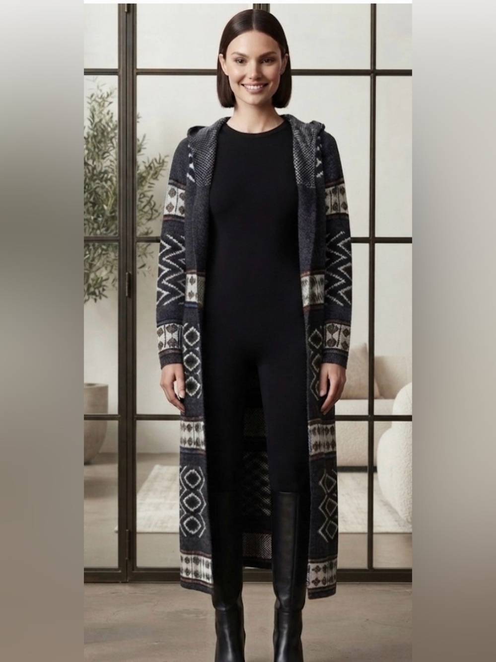 Slonl  Black Patterned Sweater Hooded Cardigan(B 38”L 48”)